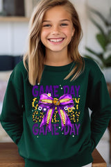 UL180B-E3092Z Purple Yellow Football GameDay Bow Kids Sweatshirt $20