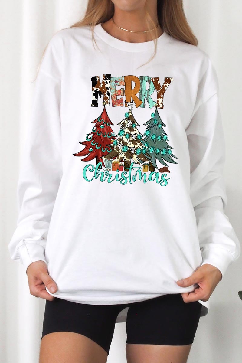 UL240-E3200 Merry Christmas Trees Graphic Long Sleeve Tee $13.75