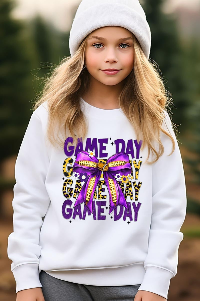 UL180B-E3092Z Purple Yellow Football GameDay Bow Kids Sweatshirt $20