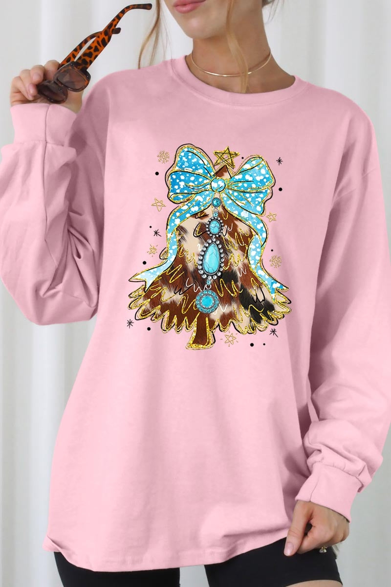 UL240P-E3184 Turquoise Christmas Tree Graphic Plus Long Sleeve Tee $17