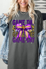 5000-E3092 Purple Football Game Day Bow Heavy Cotton Tee $9