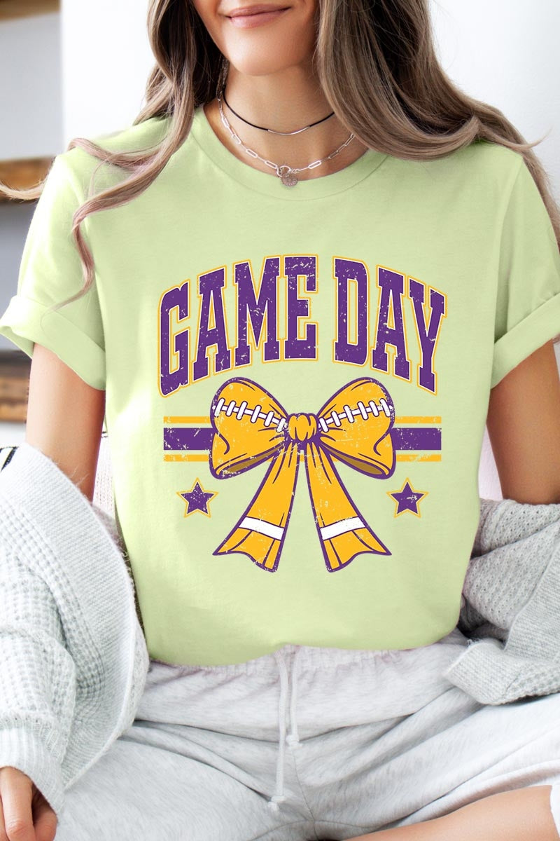 US3001P-E3063 Purple Game Day Football Bow Graphic Plus Tee $16