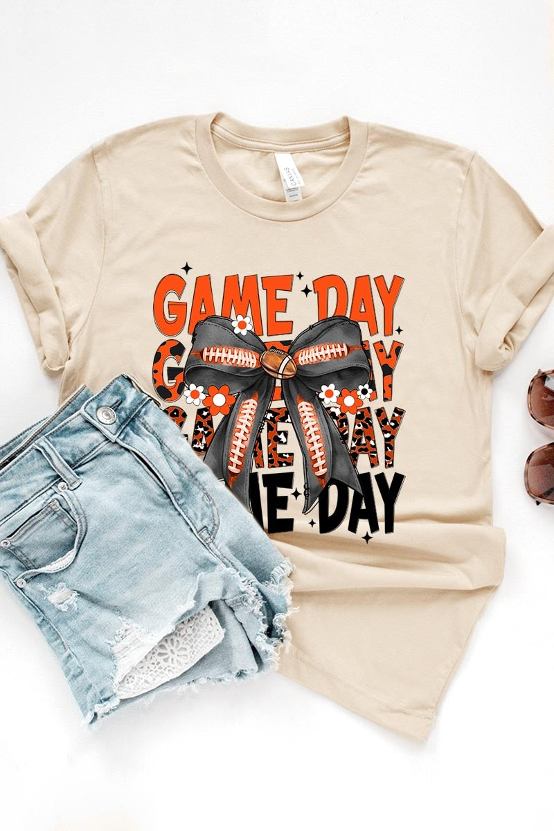US3001P-E3088 Orange Black Football Game Day Bow Plus Tee $16