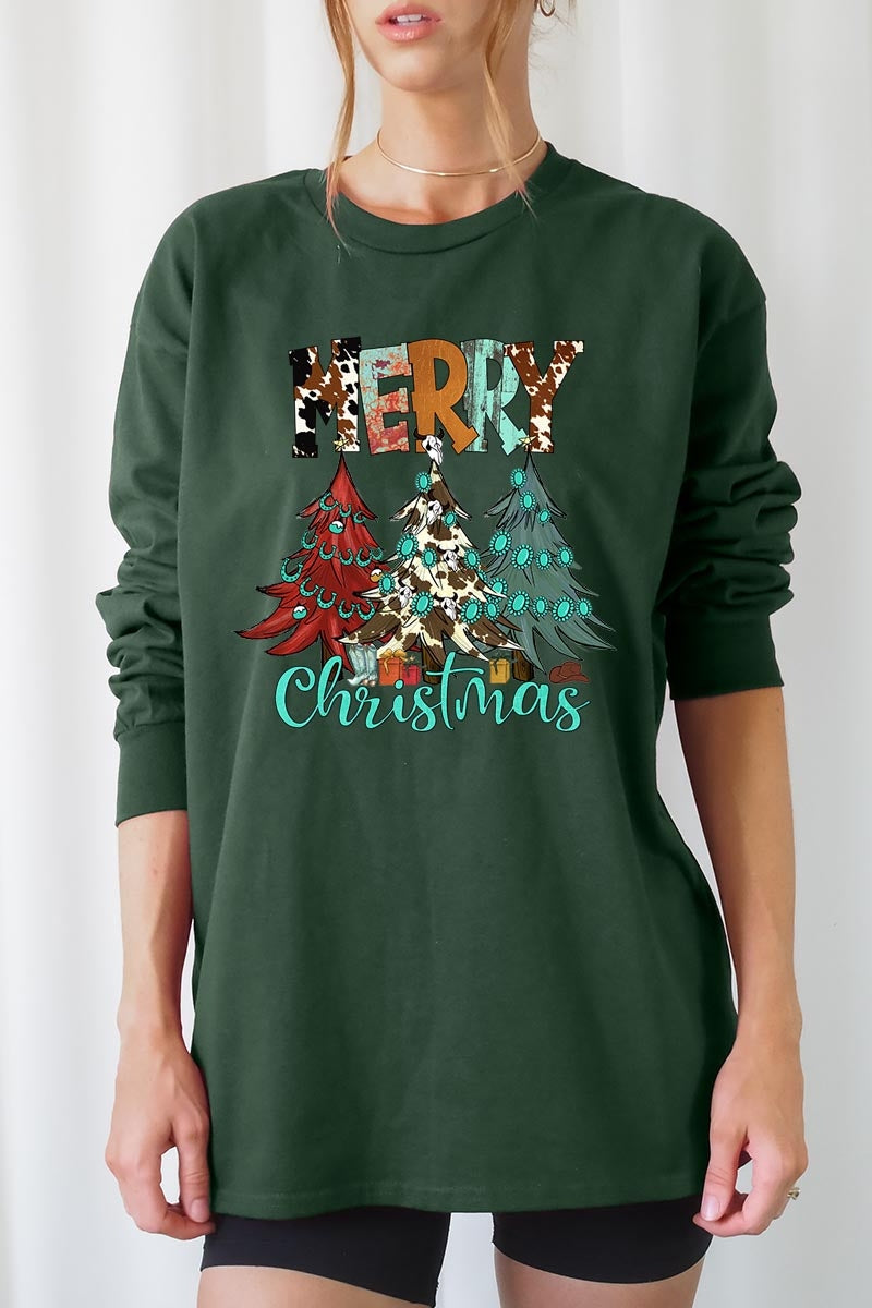UL240-E3200 Merry Christmas Trees Graphic Long Sleeve Tee $13.75