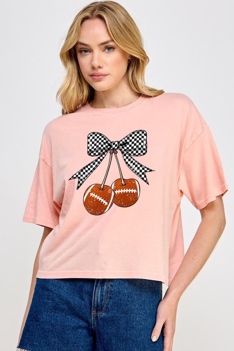 CTS-E3055 Football Cherries Graphic Relaxed Crop Top $10.5