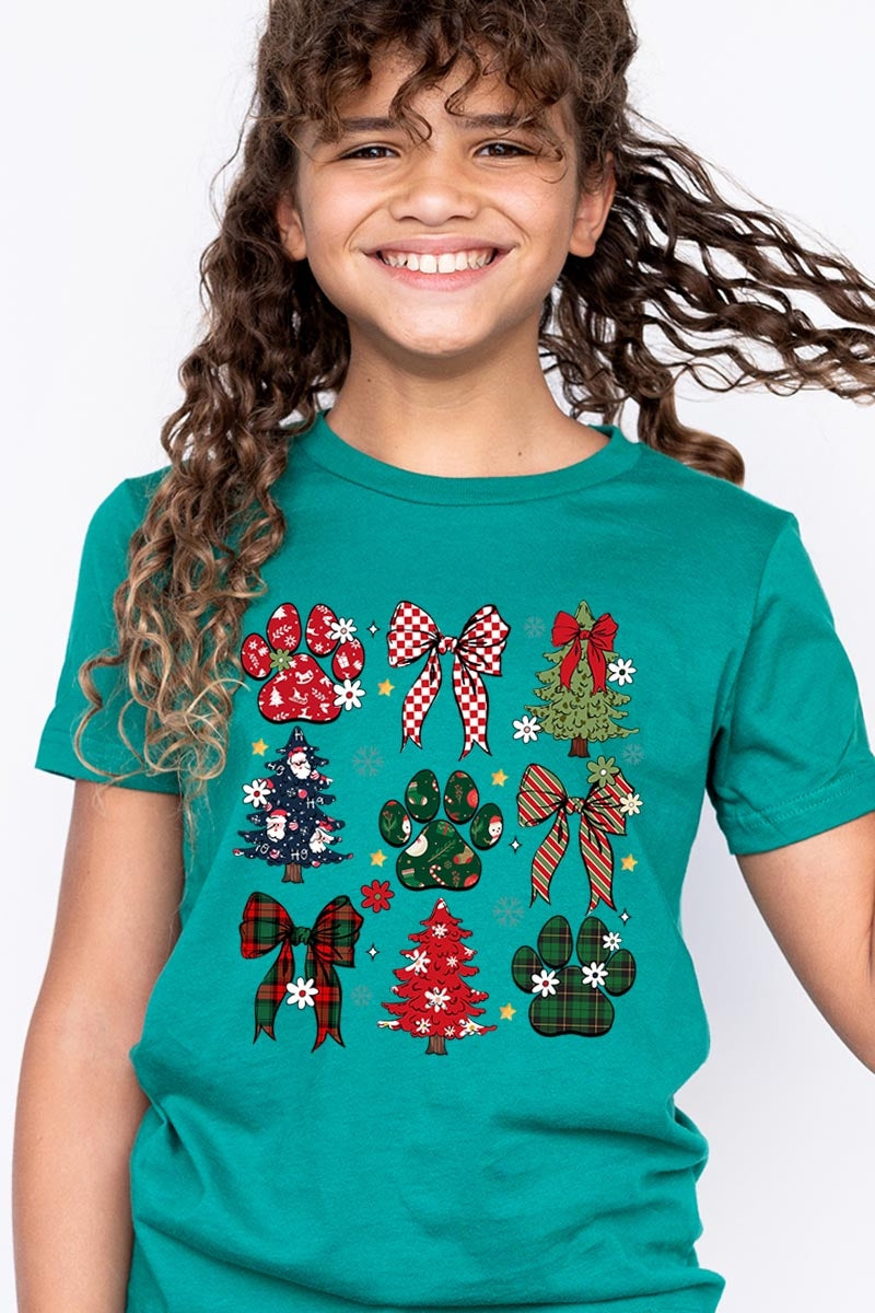 US3001Y-E3195Z Christmas Bow Paw Kids Graphic Tee $11