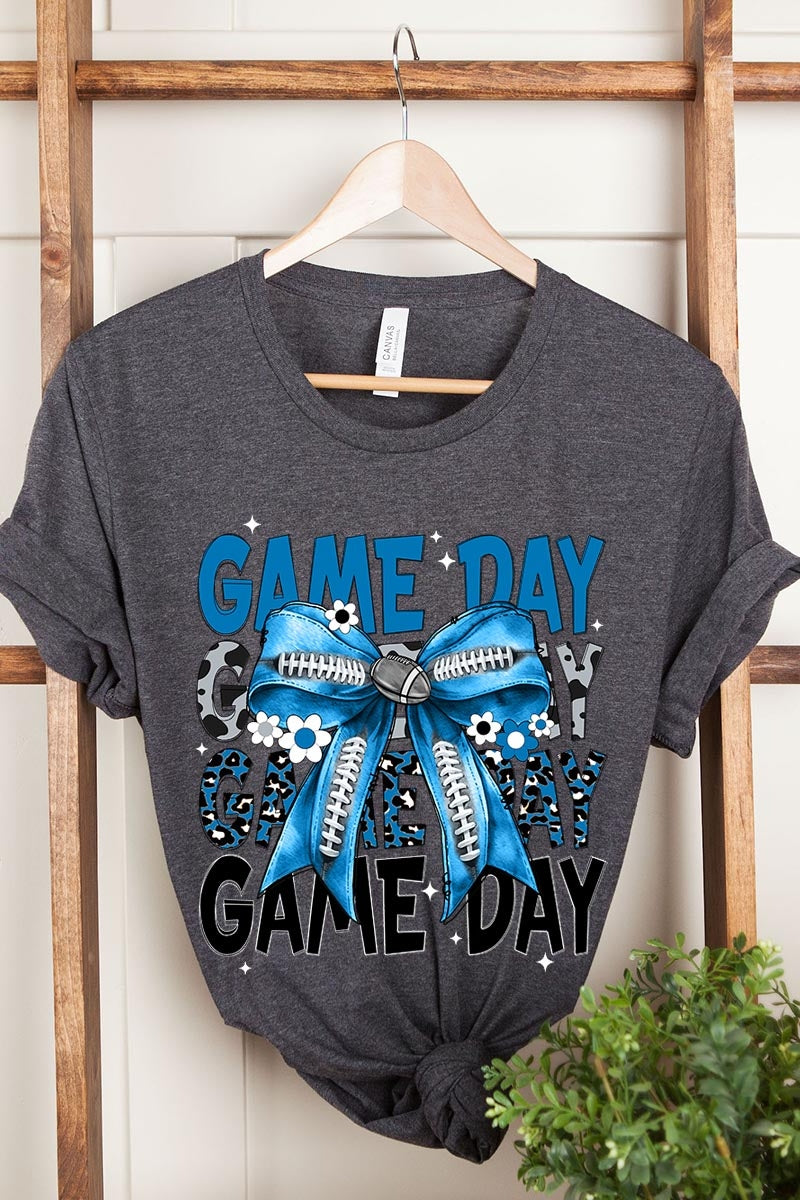 US3001-E3089 Blue Silver Football Game Day Bow Graphic Tee $12.5