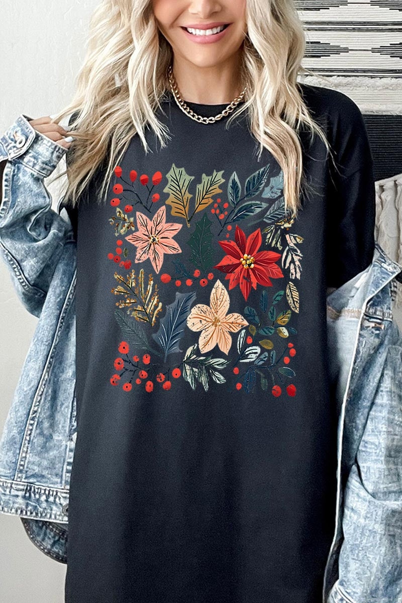 5000P-E3186 Floral Christmas Graphic Plus Heavy Cotton Tee $12.75