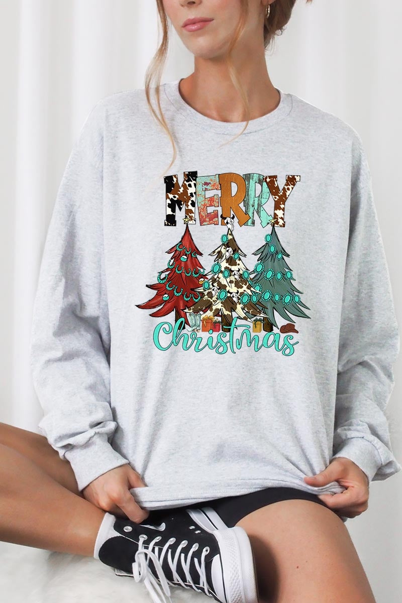 UL240P-E3200 Merry Christmas Trees Graphic Plus Long Sleeve Tee $17