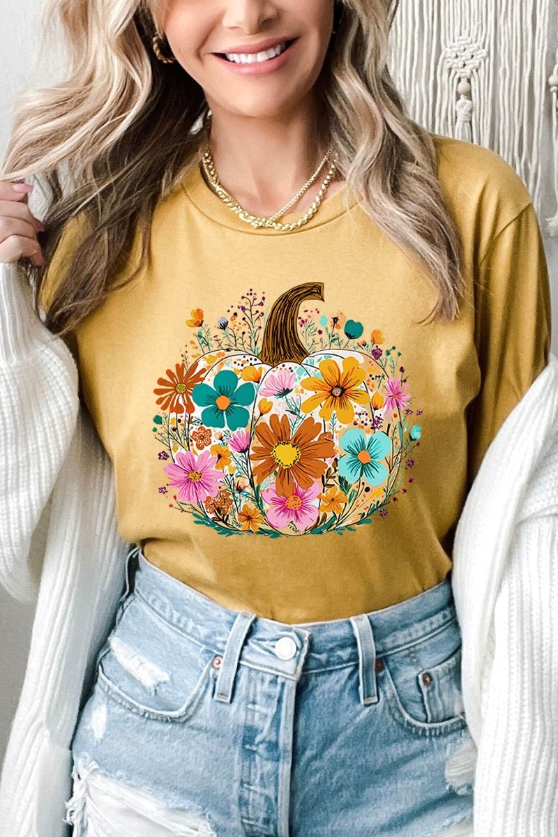US3001-E3118 Floral Pumpkin Graphic Tee $12.5