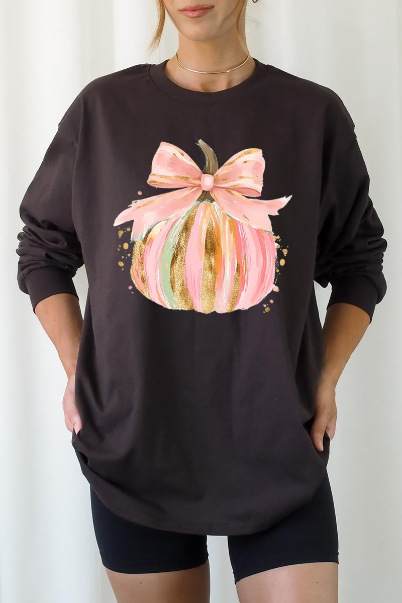 UL240-E3083 Brushstroke Pumpkin Graphic Long Sleeve Tee $13.75