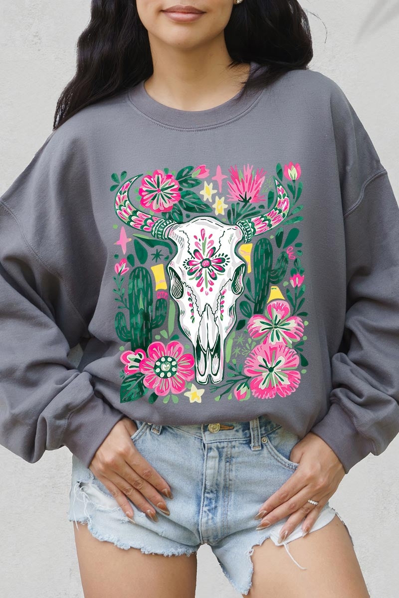 UL180P-E3086 Western Floral Cow Skull Graphic Plus Sweatshirt $25
