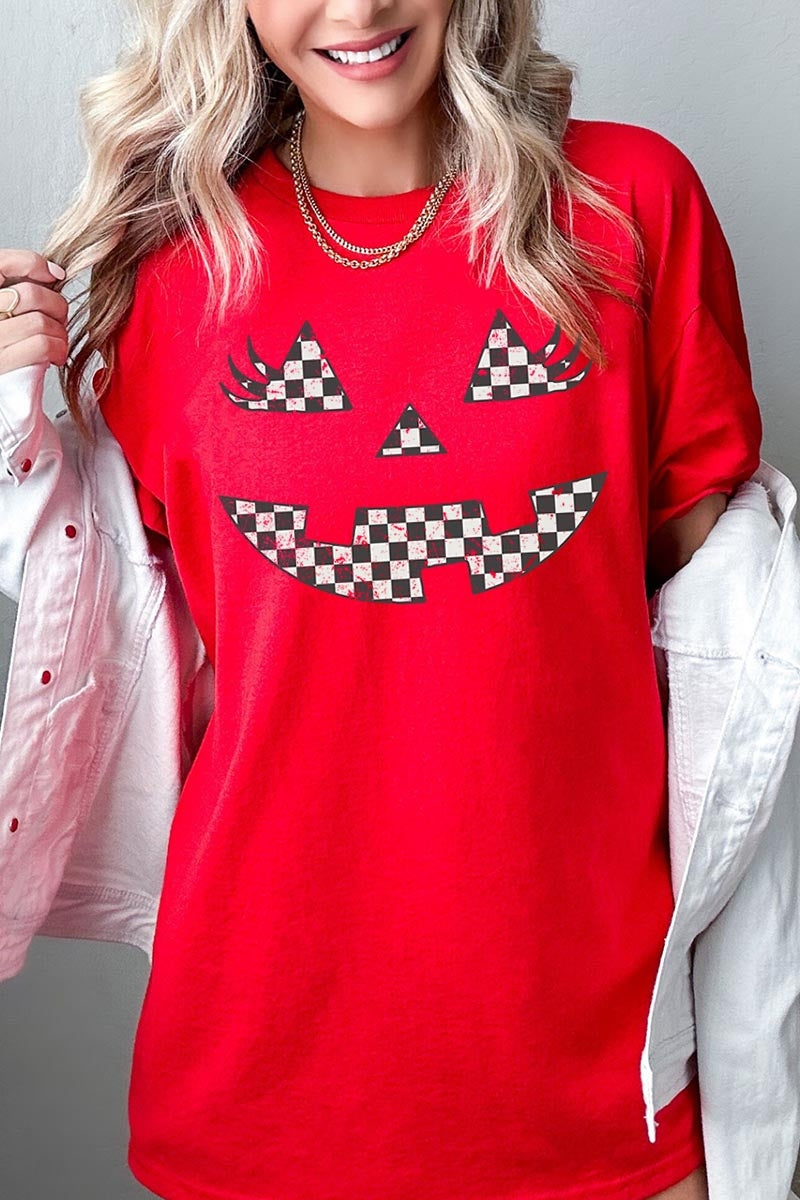 5000-E3149 Checker Pumpkin Face Graphic Heavy Cotton Tee $9