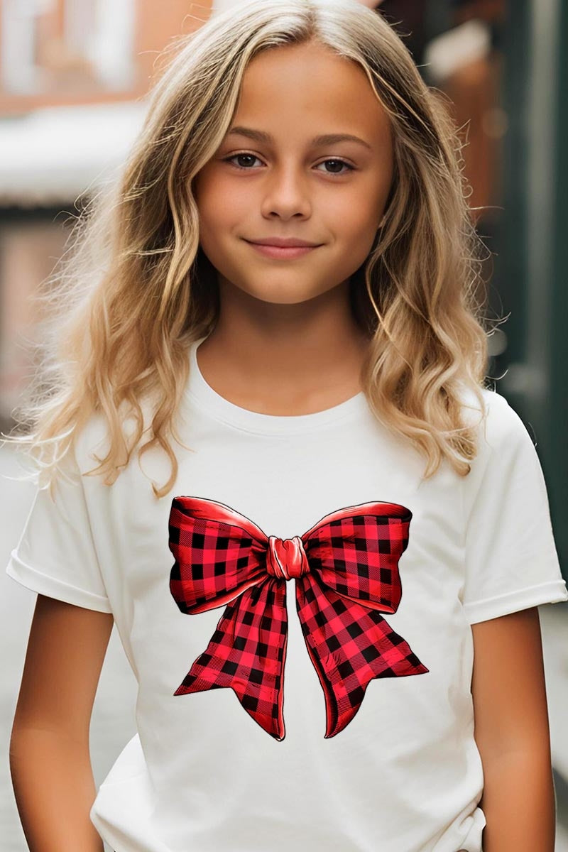 US3001Y-E3198Z Red Buffalo Plaid Bow Kids Graphic Tee $11