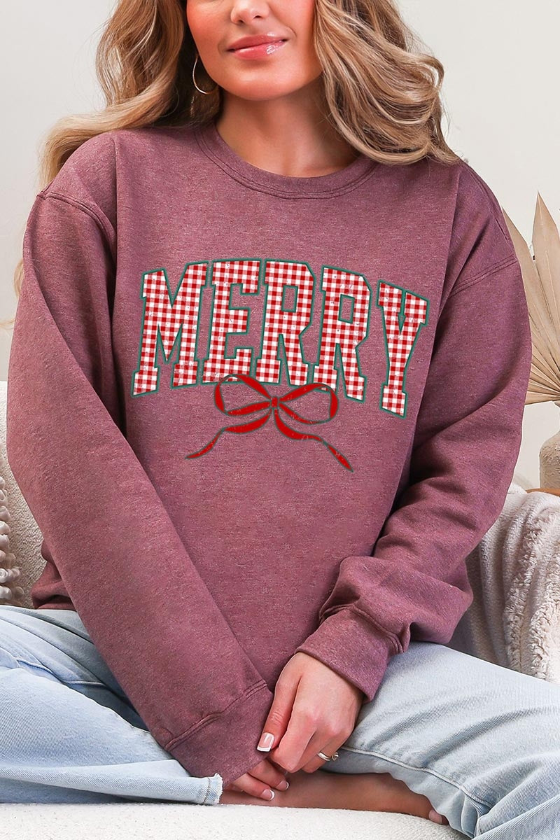 UL190-E3206 Plaid Merry Christmas Bow Graphic Sweatshirt $20