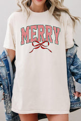 5000-E3206 Plaid Merry Christmas Bow Graphic Heavy Cotton Tee $9