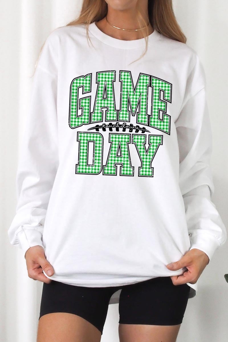 UL240-E3128 Green Gingham Game Day Graphic Long Sleeve Tee $13.75