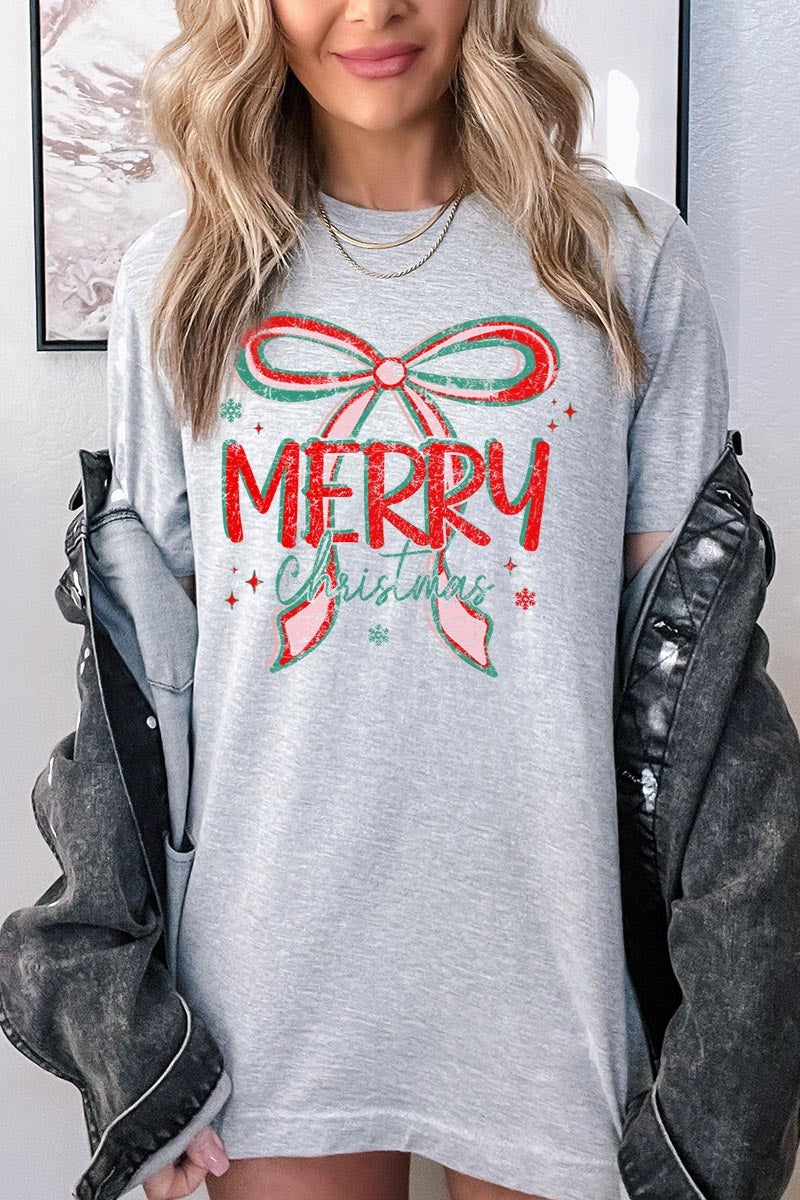 US3001P-E3197 Merry Christmas Bow Graphic Plus Tee $16
