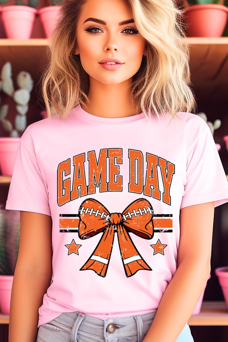 US3001-E3064 Orange Game Day Football Bow Graphic Tee $12.5