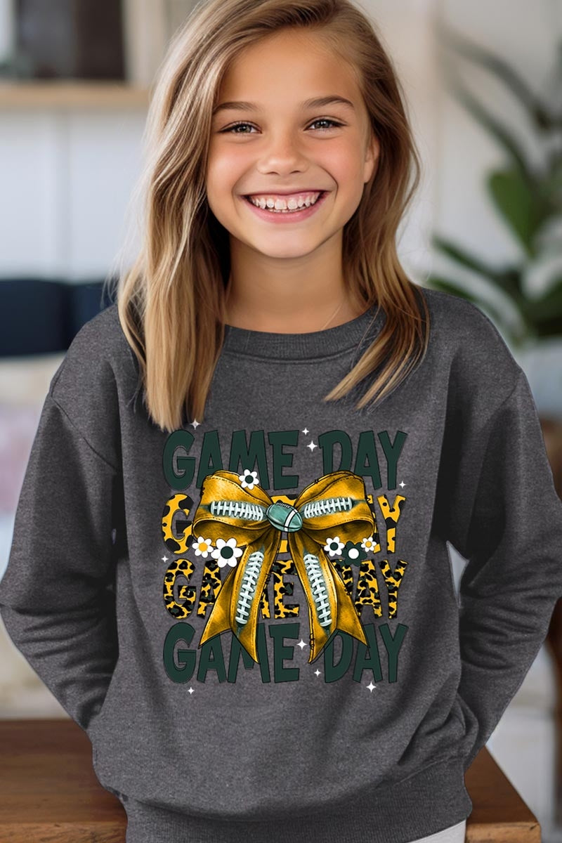 UL180B-E3090Z Yellow Football Game Day Bow Kids Sweatshirt $20