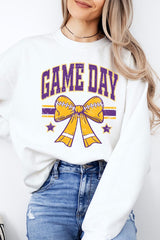 UL180-E3063 Purple Game Day Football Bow Graphic Sweatshirt $20