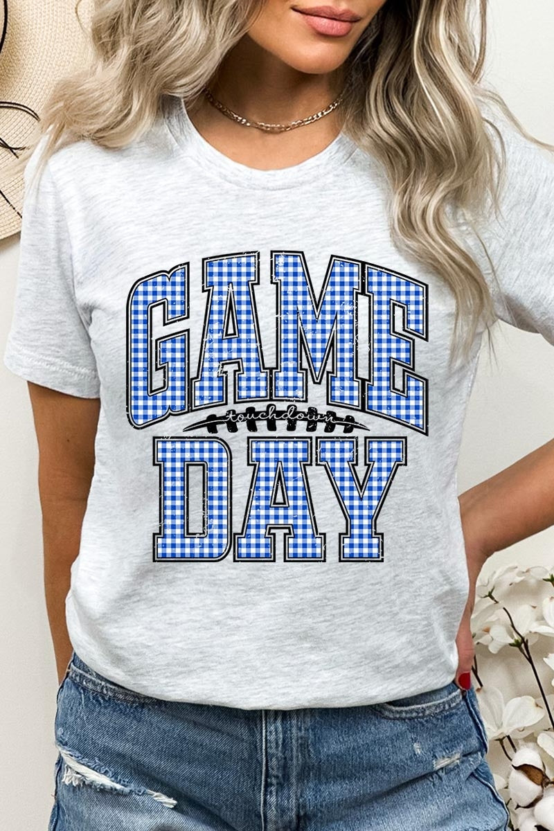US3001P-E3130 Blue Gingham Game Day Graphic Plus Tee $16