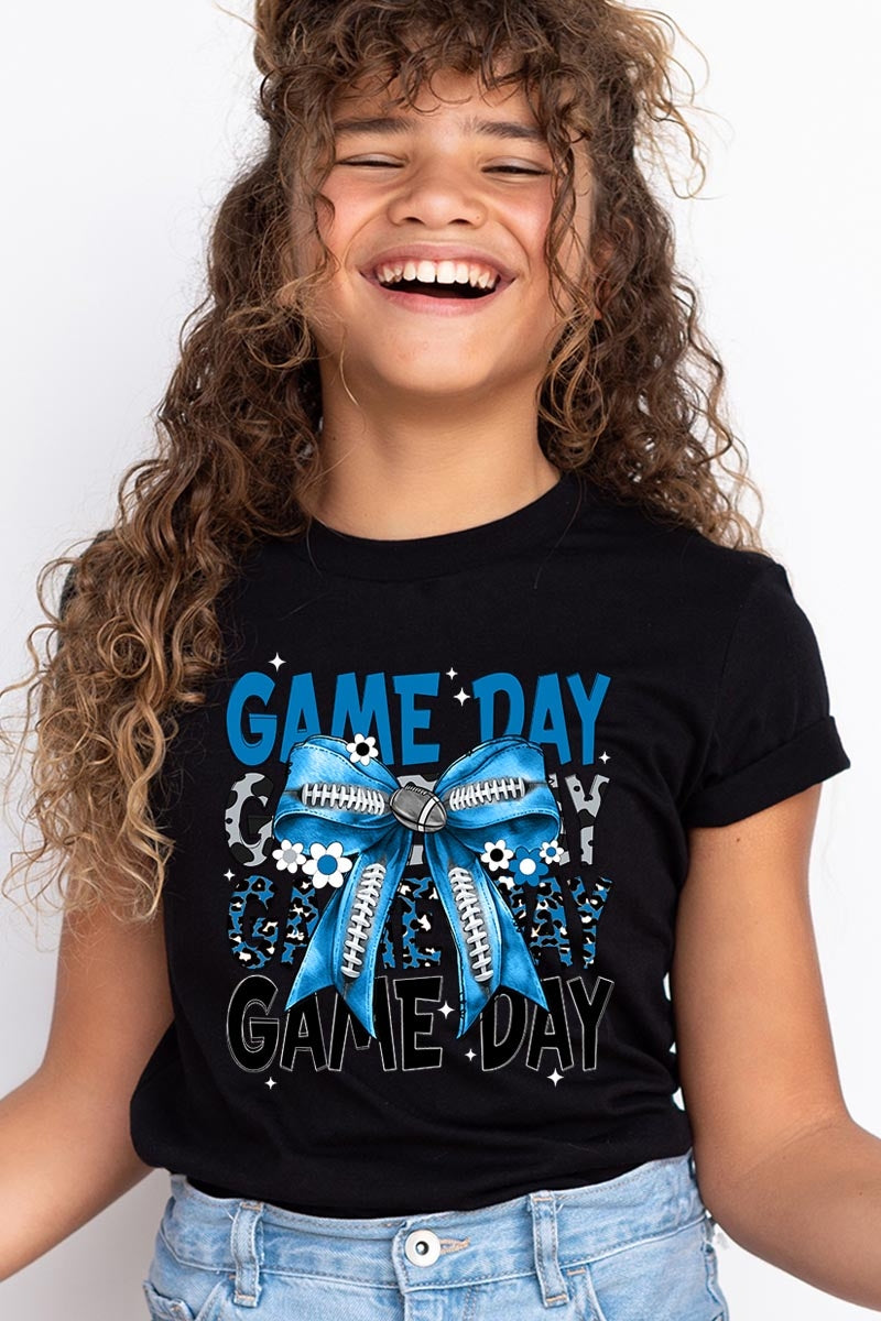 US3001Y-E3089Z Blue Silver Football Game Day Bow Kids Graphic Tee $11