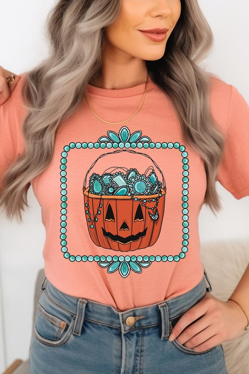 US3001-E3140 Halloween turquoise pumpkin Graphic Tee $12.5