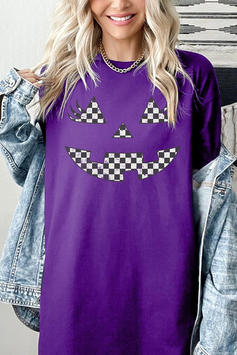 5000-E3149 Checker Pumpkin Face Graphic Heavy Cotton Tee $9