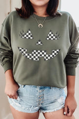 UL180P-E3149 Checker Pumpkin Face Graphic Plus Sweatshirt $25