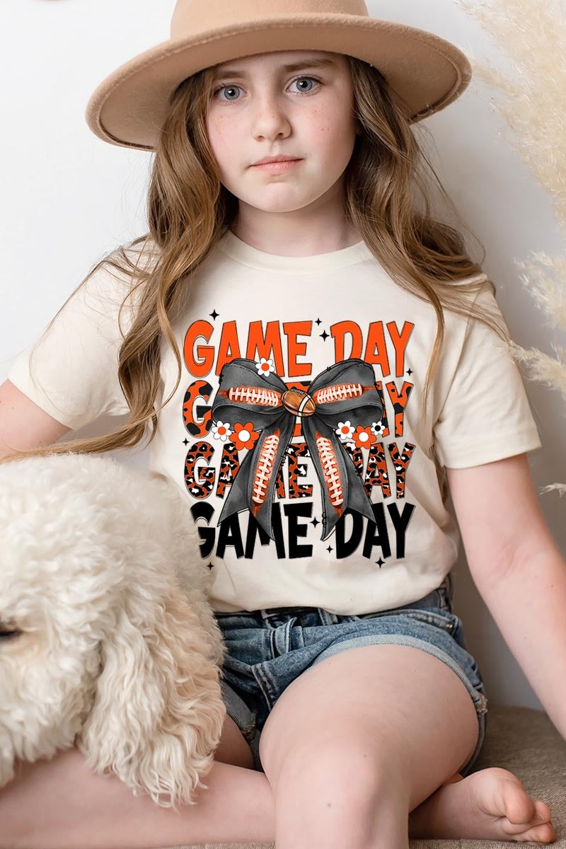 US3001Y-E3088Z Orange Black Football Game Day Bow Kids Tee $11