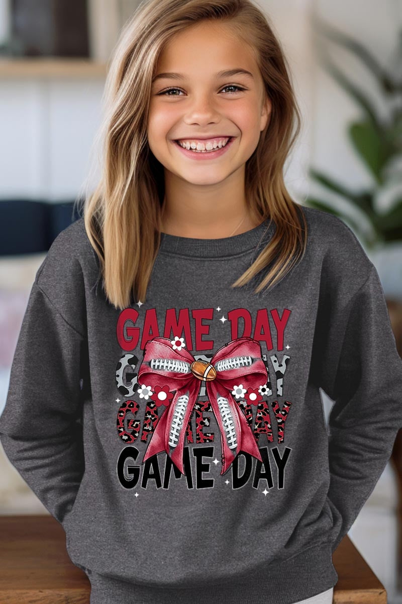 UL180B-E3093Z Red Silver Football Game Day Bow Kids Sweatshirt $20