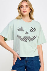 CTS-E3149 Checker Pumpkin Face Graphic Relaxed Crop Top $11
