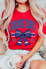 US3001-E3065 Blue Game Day Football Bow Graphic Tee $12.5