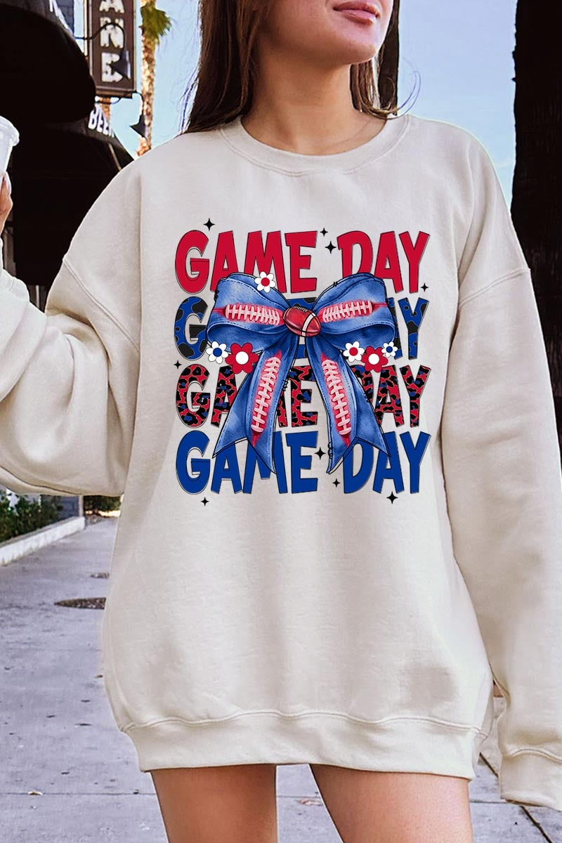 UL180-E3087 Red Blue Football Game Day Bow Graphic Sweatshirt $20
