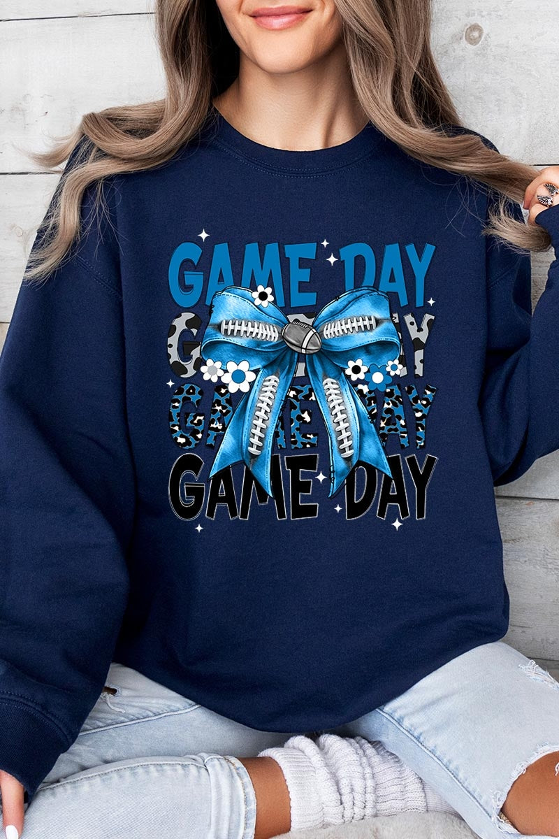 UL180-E3089 Blue Silver Football Game Day Bow Sweatshirt $20