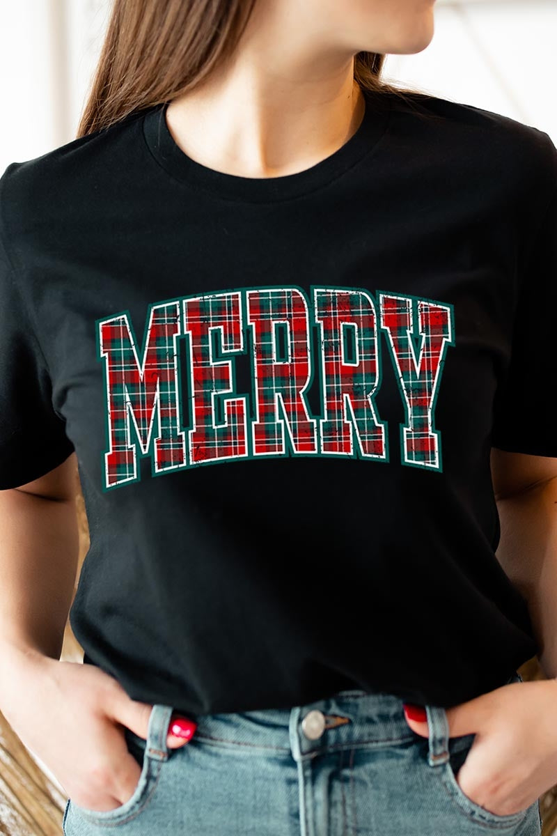 US3001-E3210 Classic Plaid Merry Graphic Tee $12.5