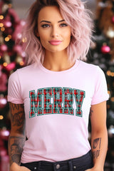 US3001P-E3210 Classic Plaid Merry Graphic Plus Tee $16
