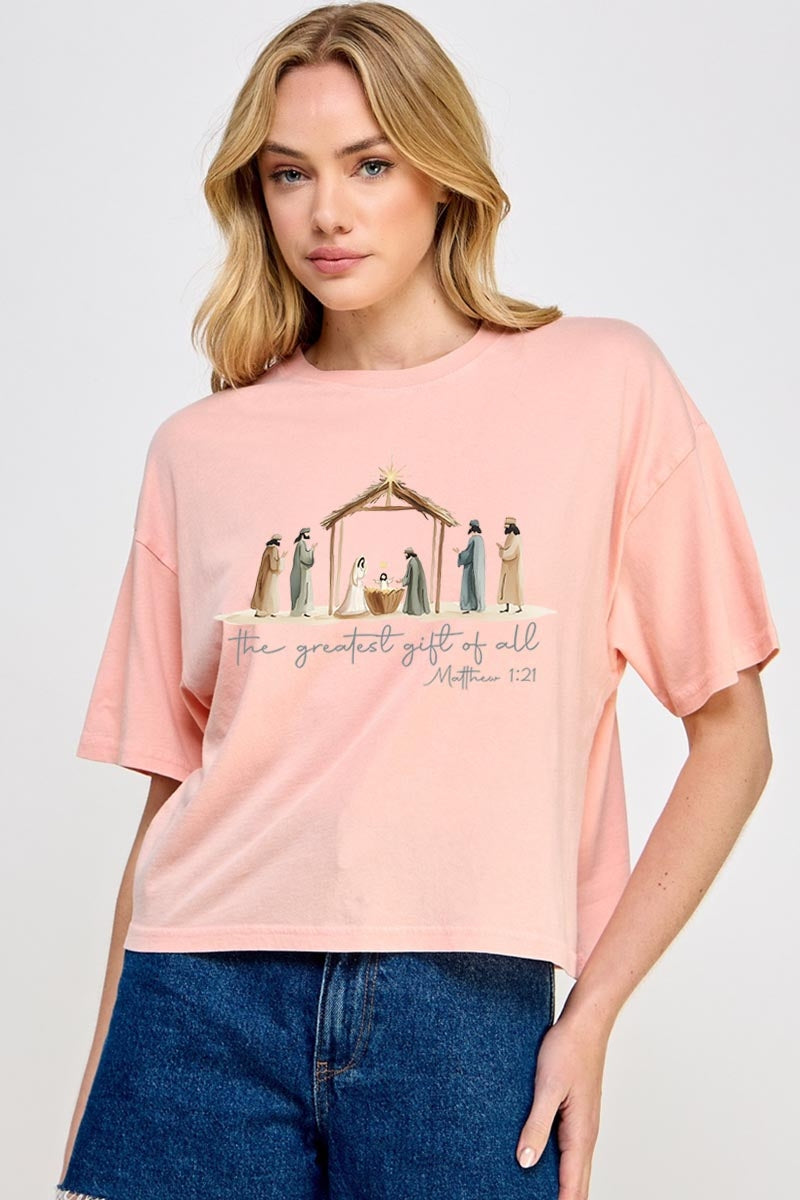 CTS-E3183 Nativity Gift Graphic Relaxed Crop Top $11