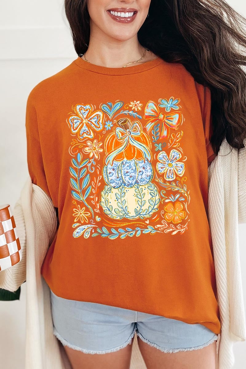 5000P-E3153 Floral Pumpkin Stack Graphic Plus Heavy Cotton Tee $12.75