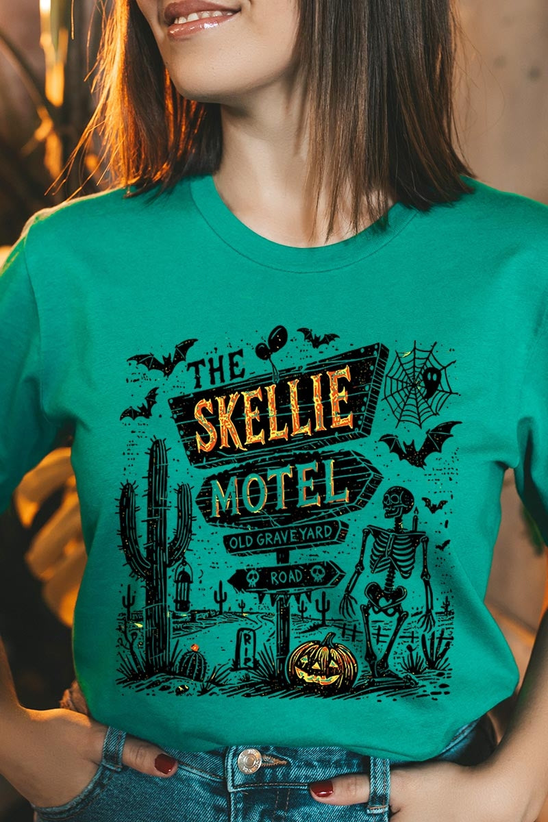 US3001P-E3108 Skellie Motel Halloween Graphic Plus Tee $16