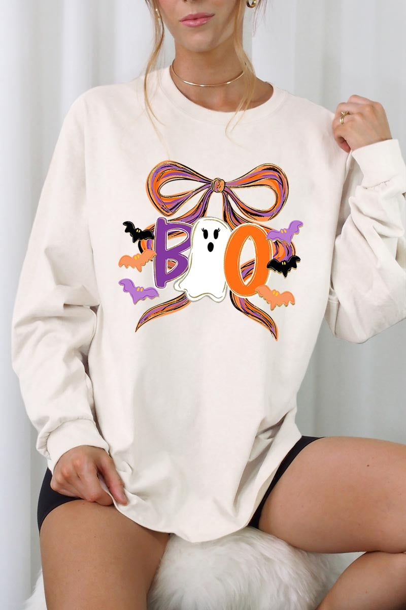 UL240-E3120 Boo Brushstroke Bow Graphic Long Sleeve Tee $13.75
