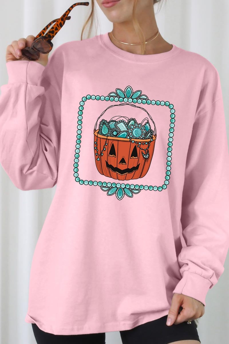 UL240P-E3140 Halloween turquoise pumpkin Plus Long Sleeve Tee $17