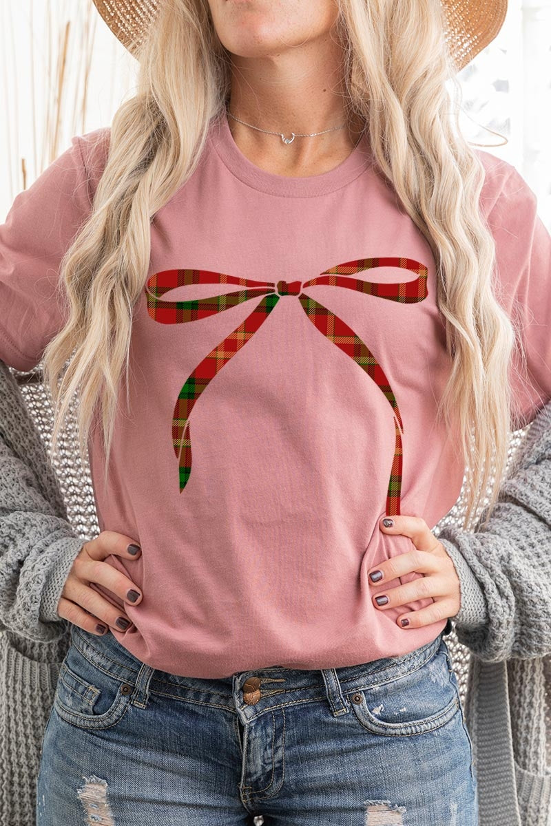 US3001-E3211 Red Bow Christmas Graphic Tee $12.5