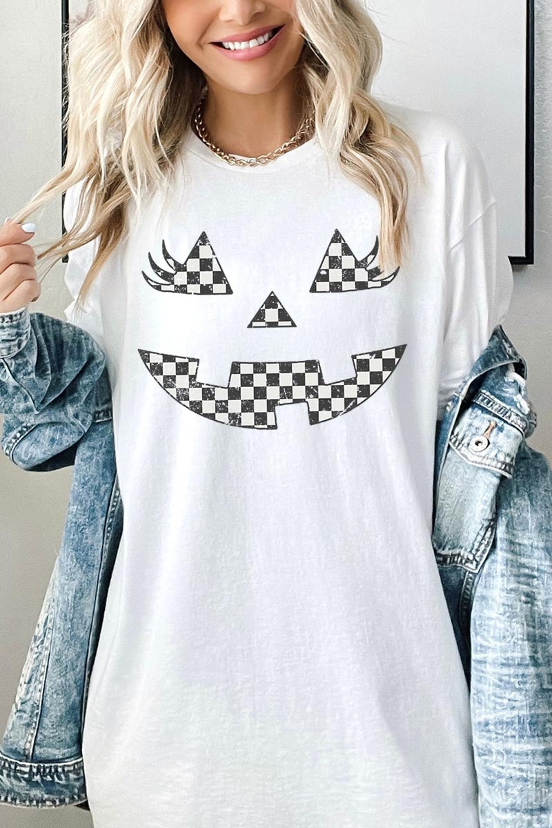 5000-E3149 Checker Pumpkin Face Graphic Heavy Cotton Tee $9