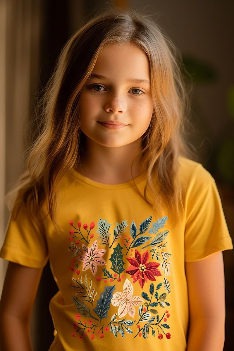 US3001Y-E3186Z Floral Christmas Kids Graphic Tee $11