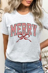 US3001P-E3206 Plaid Merry Christmas Bow Graphic Plus Tee $16