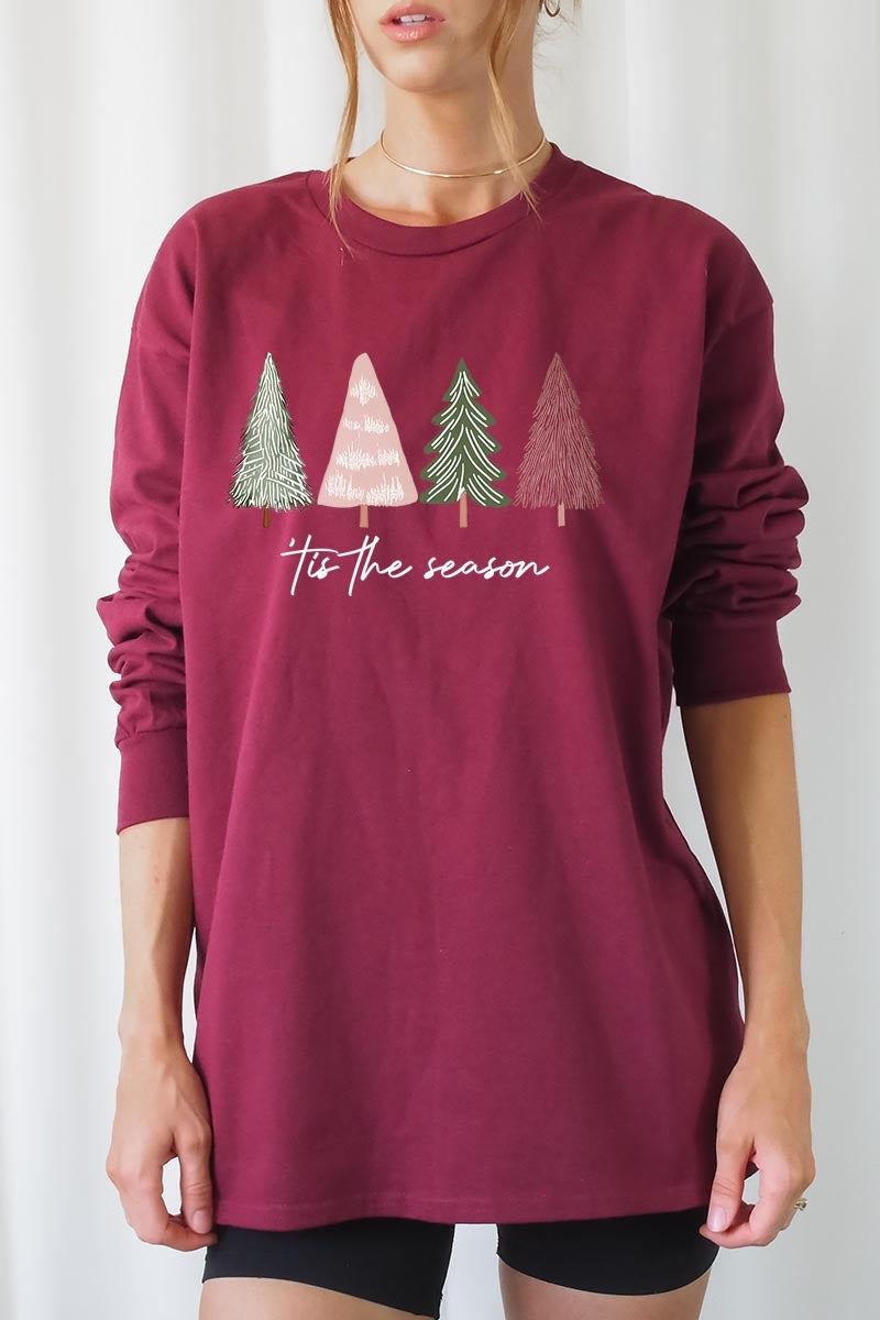 UL240-E3218 Rustic Christmas Trees Graphic Long Sleeve Tee $13.75