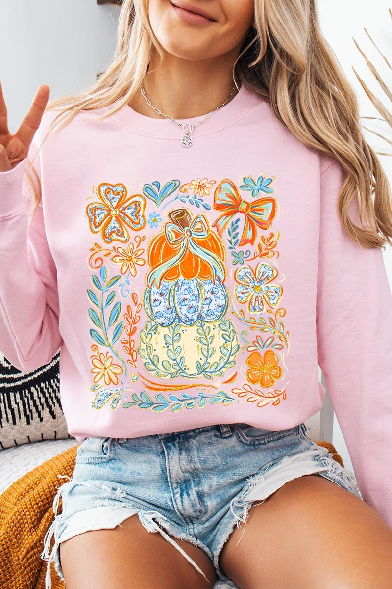 UL180P-E3153 Floral Pumpkin Stack Graphic Plus Sweatshirt $25