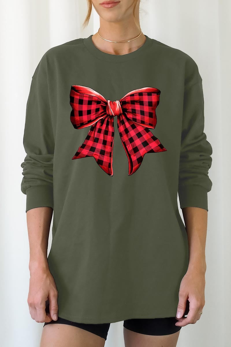 UL240P-E3198 Red Buffalo Plaid Bow Graphic Plus Long Sleeve Tee $17